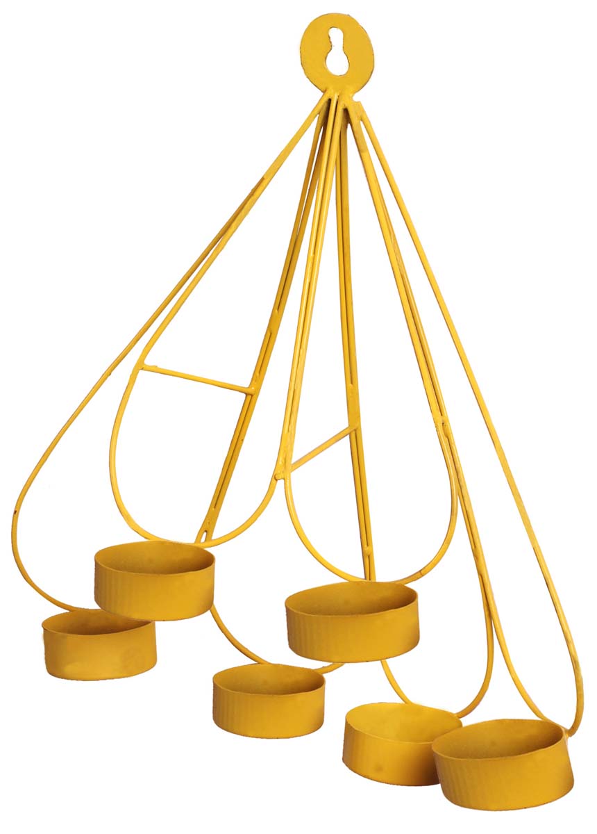 Wall-Mounted Tea-Light Candle Holder for 6 Candles - Hand-Painted in Yellow - Metal Votive Candle Stands - Exclusive Candle Decor from India - Buy in Bulk Wholesale